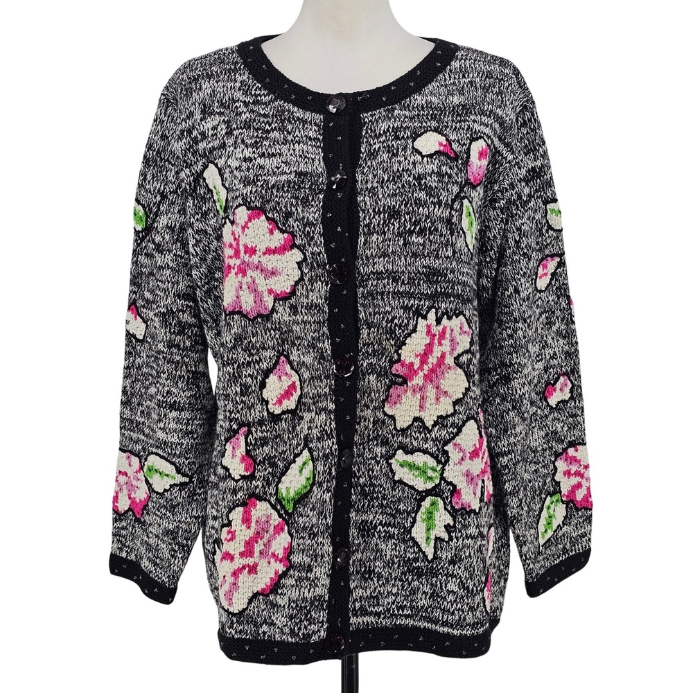 Vintage Storybook Knits Cardigan L Black White Pink Floral Grandmacore Beaded
